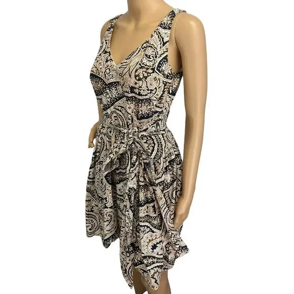 J. Crew Paisley Cotton Side Tie Dress Tan Navy Sleeveless 68682 Size 0 - Picture 4 of 12
